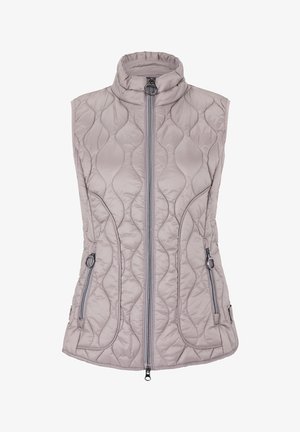 Gilet trapuntato grigio chiaro con colletto alto, chiusura con zip sul davanti e due tasche laterali con zip; texture liscia con un motivo ondulato cucito.
