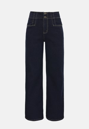 High-waisted dark blue denim jeans with wide legs, two front pockets, and double button and zipper closure.