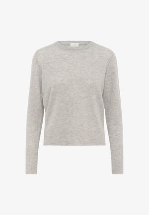 Pull en tricot gris clair à manches longues, avec des poignets et un ourlet côtelés, un col rond et une texture douce et légèrement duveteuse.
