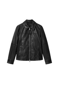 Chaqueta de cuero negro con cremallera frontal, dos bolsillos verticales con cremallera, mangas largas y un cuello ancho.