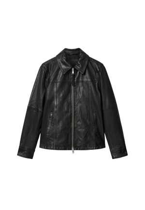 Veste en cuir noir avec fermeture éclair à l'avant, deux poches verticales zippées, manches longues et large col.