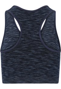 Marineblå sportcrop top med en strukturerad melerad mönster, racerback-design och ett slätt, elastiskt tyg. Accenterad med mörka kanter.