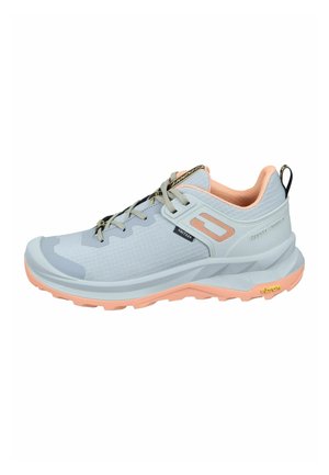 Light blue hiking shoe with a textured upper, peach accents, sturdy sole, and gold detailing. Features a supportive design and traction outsole.