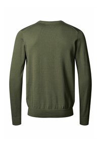 Suéter verde oliva con mangas largas, escote redondo y puños y dobladillo acanalados. Textura suave con un diseño sólido y sin adornos.