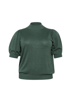 Green, short-sleeve pullover top with a mock neck. Made of textured, sparkling material with puffy sleeves and a relaxed fit.