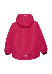 Fuchsia gepolsterte Jacke mit abnehmbarem Kapuze, elastischen Bündchen und einem Logopatch auf der Rückseite. Glatte Textur und lässiger Schnitt.