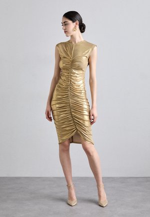 V NECK SHIRRED FRONT DRESS TO KNEE - Jerseykjole - gold