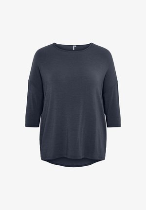 Sötét szürke, laza szabású női felső, háromnegyedes ujjal és kerek nyakkivágással, fehér háttér előtt bemutatva.