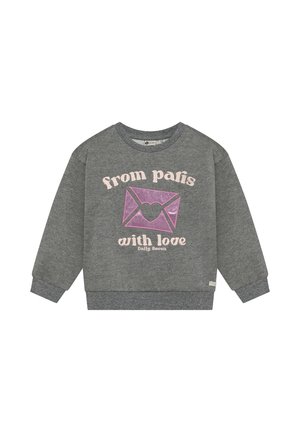 Felpa grigia a maniche lunghe con scollo girocollo, con grafica di una busta rosa e testo "from paris with love Daily Seven" sul davanti.