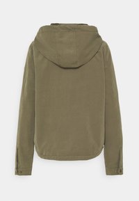 Olive green hooded jacket featuring long sleeves, a rounded hem, and buttoned cuffs, made from a soft, textured fabric.