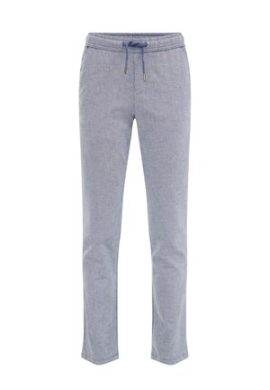 Pantalons jogger en coton tissé, bleu clair, avec une taille élastique, un cordon de serrage réglable et une coupe décontractée. Présente une texture lisse et des coutures minimales.