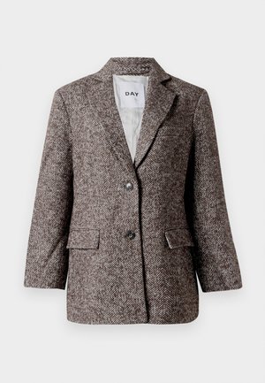 Hnědý blazer s vzorem rybí kosti, se dvěma knoflíky, s klopami a bočními kapsami. Podšívka, středně těžká tkanina.