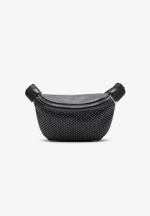 Black handbag with a smooth leather top and a textured base covered in silver studs, featuring a zipper closure and dual handles.
