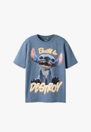 Blaues Baumwoll-T-Shirt mit einer Grafik eines Cartoon-Charakters mit großen Ohren und einem lächelnden Gesicht, darunter der Text "Built to DESTROY".