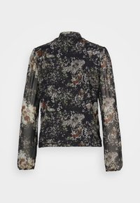 Blusa nera a maniche lunghe con maniche trasparenti e colletto alto, caratterizzata da motivi floreali bianchi e marroni.