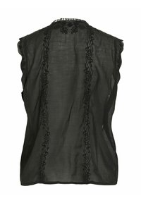 Blouse noire transparente sans manches avec des rayures verticales florales brodées et des détails festonnés au col.
