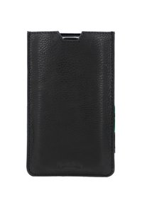 Portafoglio in pelle nera con superficie texturizzata, orientamento verticale e parte superiore scanalata per un facile accesso alle schede. Nessun hardware visibile.