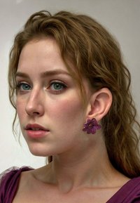 Pendientes florales morados con pétalos texturizados, montados en una base de tono dorado, llevados por una persona con cabello ondulado y un maquillaje suave y natural.