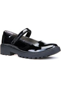 Scarpa Mary Jane in pelle verniciata nera con punta rotonda, dotata di una singola fibbia regolabile e una suola in gomma spessa con design scolpito.