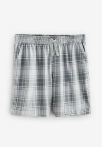 Šedé kostičkované plavkové šortky s elastickým pasem, stahovací šňůrkou a bočními kapsami. Tkanina má hladkou strukturu a lehký design.