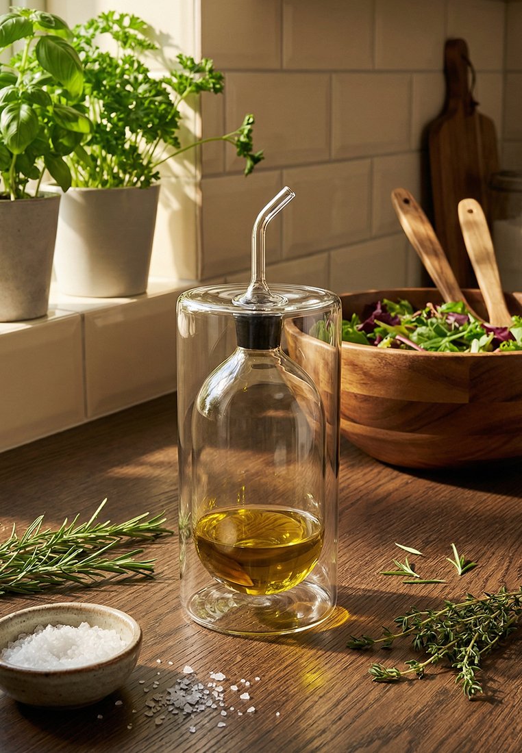 Szklany dozownik na olej z pochyloną wylewką na drewnianym blacie, otoczony świeżymi ziołami, gruboziarnistą solą oraz drewnianą misą z sałatką i przyborami do serwowania.