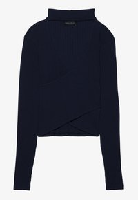 Laaja-sininen ribbipintainen pitkähiha toppi, jossa on kietaisusuunnittelu ja korkea kaulus. Pehmeä rakenne, jossa on istuva siluetti ja suora helma.