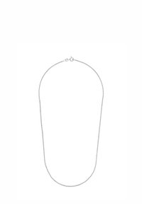 Silverfärgad metallkedjehalsband med ett slätt, cylindriskt lås; har en enkel, stilren design och ett delikat, fint strukturerat utseende.