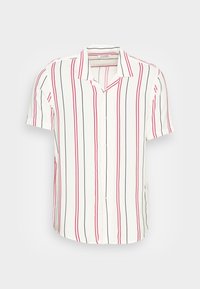 Camicia abbottonata a maniche corte di colore bianco con righe verticali rosse e nere. Presenta un colletto e un orlo dritto. Tessuto morbido al tatto.