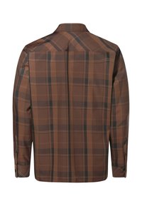 Bruine geruite knoopshirt met een gestructureerde kraag. Gekenmerkt door een gladde textuur, lange mouwen en knoopschoenen. Klassiek ruitpatroon.