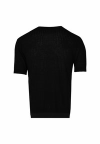 Zwart gebreid T-shirt met korte mouwen; geribbelde textuur; ronde halslijn; ontspannen pasvorm; lichtgewicht materiaal; geen zichtbare hardware of accenten.