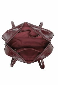 Burgundia nahast käekott, millel on tõmblukuga sulgemine, sisetaskud ja tekstureeritud viimistlus. Ruumikas, sujuva kangaga voodriga.
