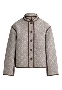 Veste boutonnée marron et beige à motif, col mandarin et bordure marron foncé le long des bords et des coutures.
