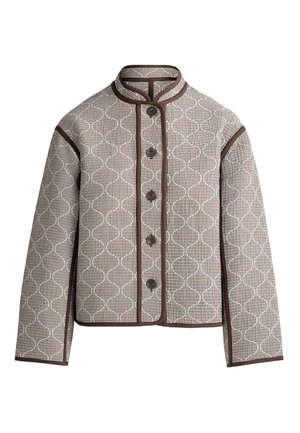 Veste boutonnée marron et beige à motif, col mandarin et bordure marron foncé le long des bords et des coutures.