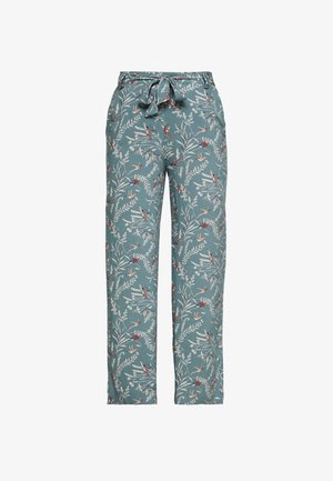 Pantaloni azzurro chiaro con un motivo floreale che presenta foglie e uccelli. Realizzati in un tessuto morbido, con una vita regolabile. Design a gamba dritta.