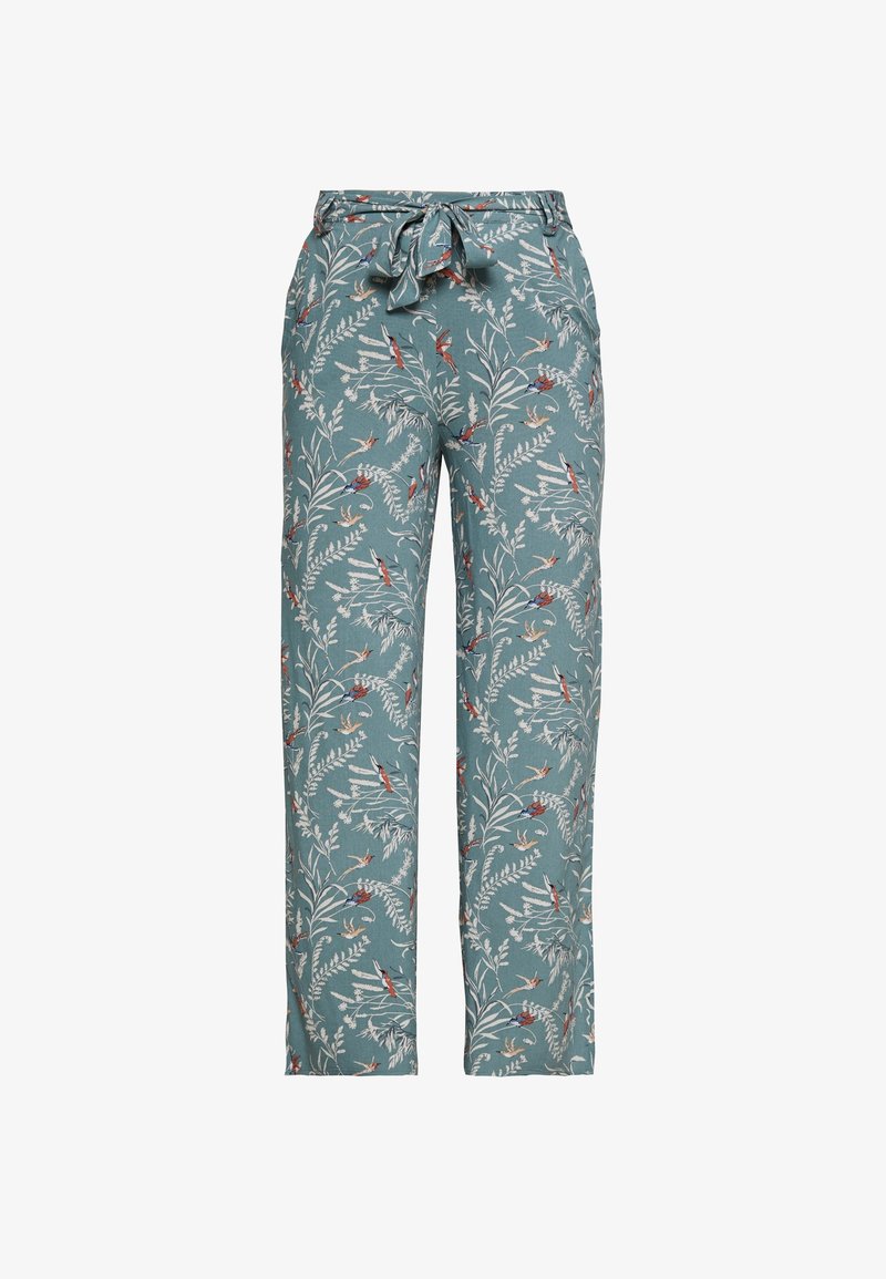 Pantalon teal clair avec un motif floral comprenant des feuilles et des oiseaux. Fabriqué à partir d'un tissu doux, avec une taille à cordon de serrage. Design à jambe droite.