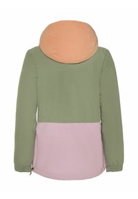 Multikleurige jack met een perzikkleurige kap, groene bovensectie en lichtroze ondersectie. Textiel met een textuur en elastische manchetten.