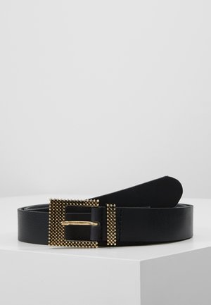 Black leather belt with a gold-tone square buckle and matching gold-studded loop, displayed coiled on a white surface.