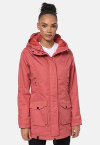 Pink waterproof jacket with a zip and snap button closure, adjustable hood, two large front pockets, and textured inner lining.