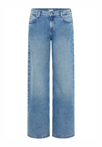 Gaiši zili džeinsa platās kājas džinsi ar augstu vidukli, priekšējām kabatām un pogu aizdari. Audums izskatās mīksts ar nedaudz izbalējušu apdari.