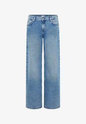 Lyseblå denim vidde bukser med høj talje, forlommer og knaplukning. Stoffet virker blødt med en let falmet finish.