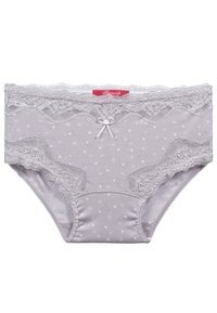 Gray lace-trimmed panties featuring heart patterns, bow accent at the front, and a soft knitted texture. Red tag at the waistband.