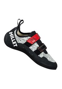 Chaussure d'escalade avec semelle en caoutchouc noir, tige à motifs blancs et accents rouges. Dispose de deux sangles Velcro ajustables pour un maintien sécurisé.