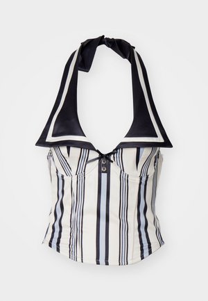 Stribet halterneck top i creme og marineblå med bred krave, der har en knaplukning og et knyttet halsbånd. Glat stofstruktur.