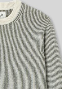 Pull rayé vert olive et crème, avec une texture côtelée, un col rond et des manches longues. Étiquette visible au col.