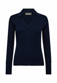 Navyblauwe geribbelde trui met een v-hals en lange mouwen, voorzien van een contrasterende kraag en ingewikkelde verticale patronen.