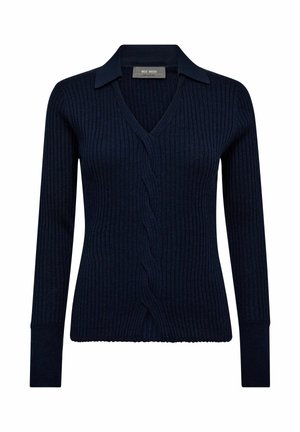 Navy blue ribbed sweater with a v-neck and long sleeves, featuring a contrasting collar and intricate vertical patterns.