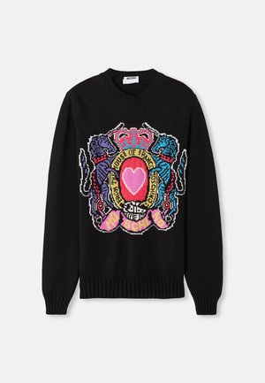 Black knitted sweater featuring a colorful graphic design with a heart and ornate details, including purple and blue lion accents.