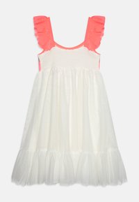 Ärmelloses Kleid mit korallfarbenen Rüschenträgern, gerafftem weißen Oberteil und geschichteter Tüllrock. Verfügt über ein knielanges Design mit einer sanften Textur.