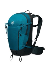 Turquoise en zwarte rugzak met een gestroomlijnd ontwerp, gemaakt van duurzaam materiaal. Voorzien van verstelbare banden, zijvakjes en een logo-detail.