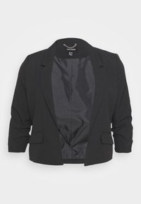 Blazer noir cintré avec manches trois-quarts, revers crantés et deux poches avant. Doublure intérieure lisse, coupe structurée.
